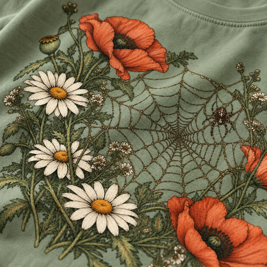 Close-up of hand-drawn web, rust poppies and tiny spider