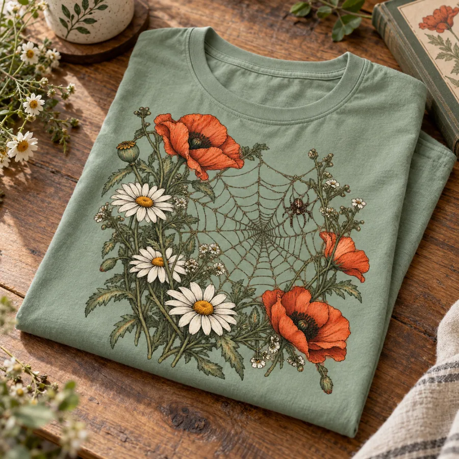 Folded sage floral spider web shirt showing daisies and poppies
