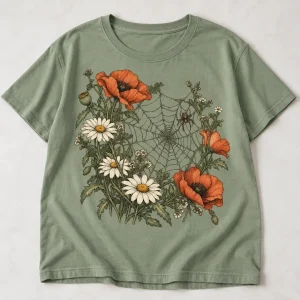Front flat lay of sage Web & Wildflowers floral spider web shirt