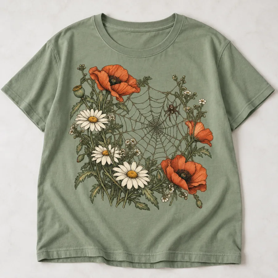 Front flat lay of sage Web & Wildflowers floral spider web shirt