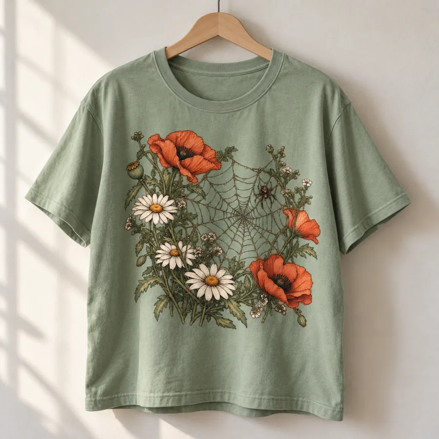 Sage Web & Wildflowers women's tee on a hanger