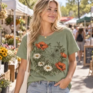 Woman in Web & Wildflowers tee picking flowers in a sunny meadow