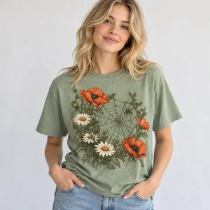 Woman wearing sage Web & Wildflowers relaxed tee