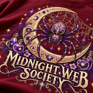 Close-up of Web Witch Society print with ornate spider, crescent moon, potion bottles, stars and web strands