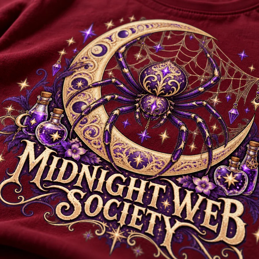 Close-up of Web Witch Society print with ornate spider, crescent moon, potion bottles, stars and web strands