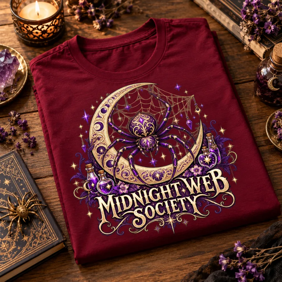 Folded deep burgundy Web Witch Society witchy spider Halloween shirt showing the centered graphic