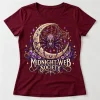 Front flat lay of deep burgundy Web Witch Society witchy spider Halloween shirt with crescent moon and potion artwork