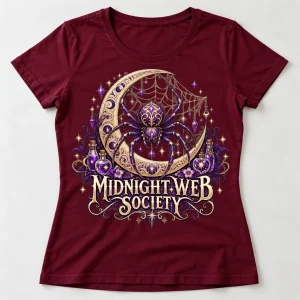 Front flat lay of deep burgundy Web Witch Society witchy spider Halloween shirt with crescent moon and potion artwork