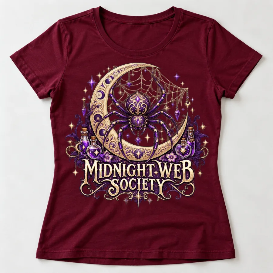 Front flat lay of deep burgundy Web Witch Society witchy spider Halloween shirt with crescent moon and potion artwork