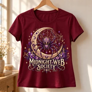 Deep burgundy Web Witch Society women's spider Halloween tee displayed on a hanger