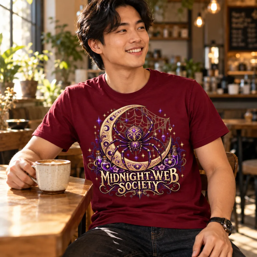 Lifestyle view of deep burgundy Web Witch Society witchy spider Halloween shirt styled for fall