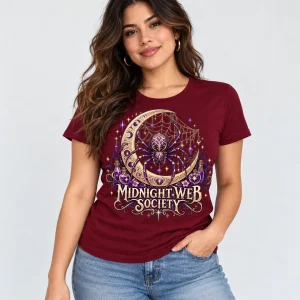 Woman wearing deep burgundy Web Witch Society witchy spider Halloween shirt with cream and violet graphic