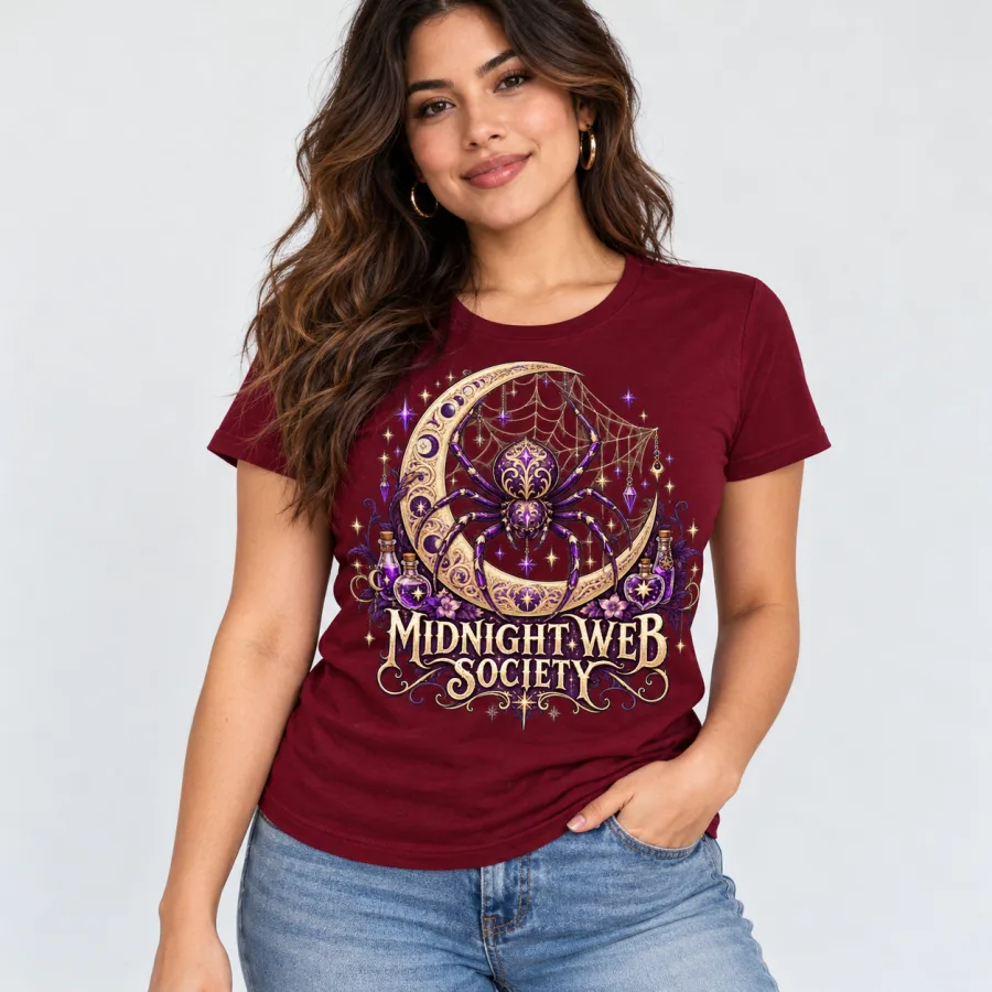 Woman wearing deep burgundy Web Witch Society witchy spider Halloween shirt with cream and violet graphic
