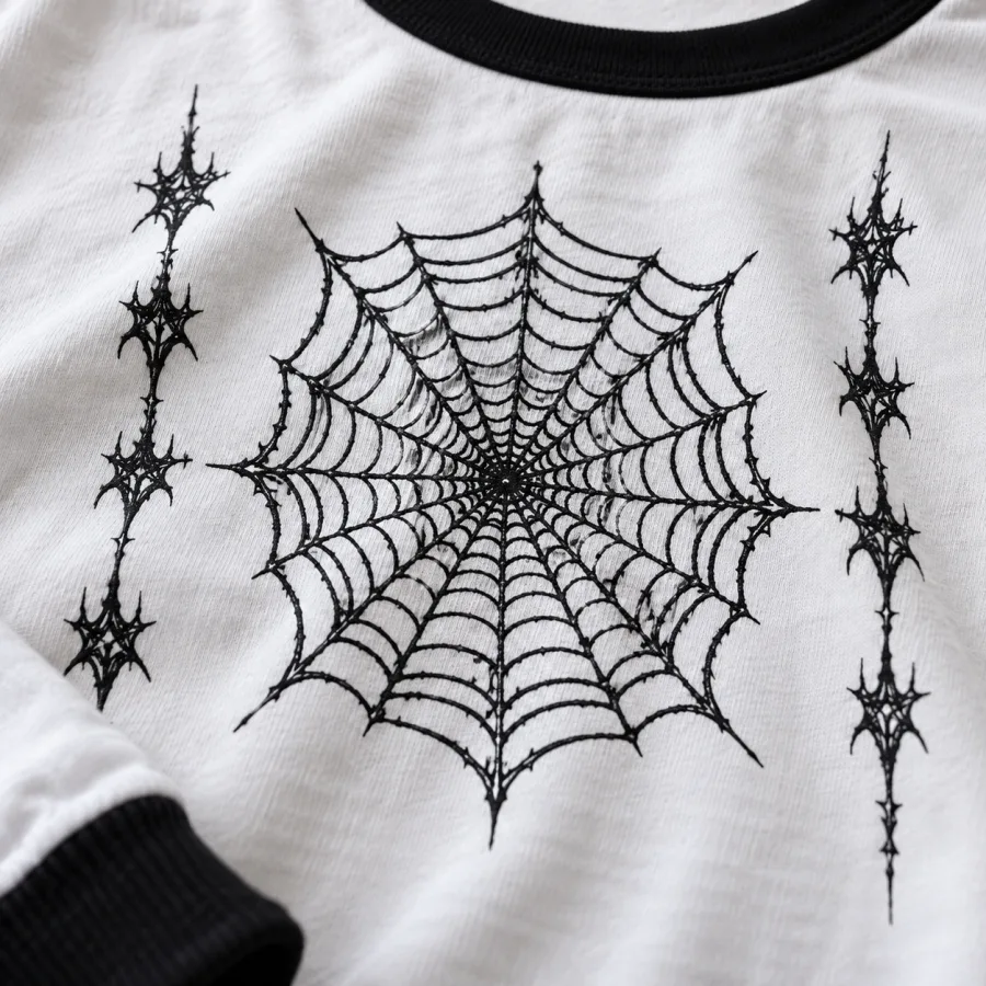 Close-up of Webline Ringer black spider web print on white cotton fabric