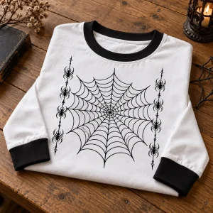 Folded Webline Ringer spider web ringer shirt showing the black orb web print
