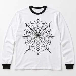 Front flat lay of Webline Ringer spider web ringer shirt in white with black trim