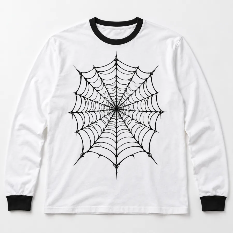 Front flat lay of Webline Ringer spider web ringer shirt in white with black trim