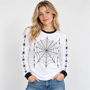 Webline Ringer white and black long sleeve spider web shirt displayed on a wooden hanger