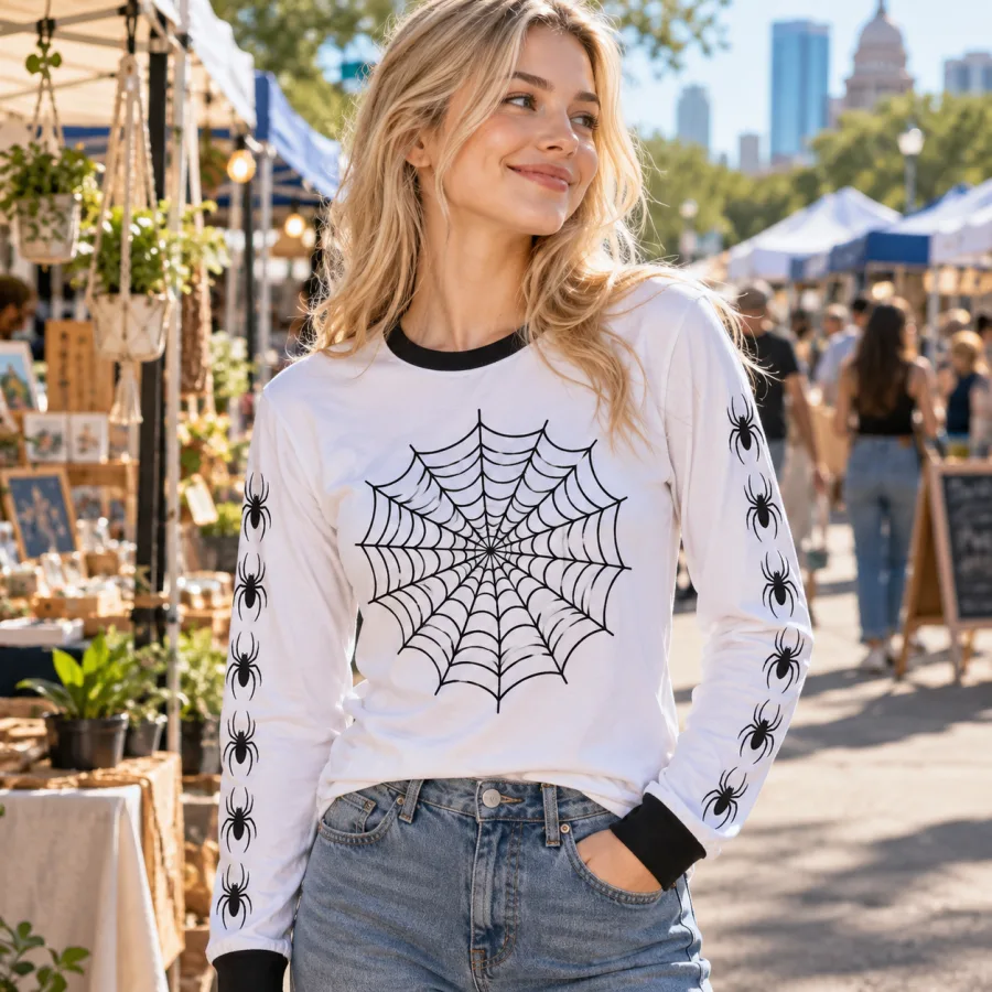 Lifestyle view of a woman wearing the Webline Ringer spider web ringer shirt at a street market