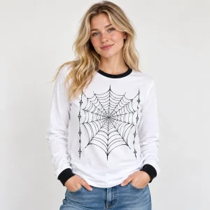 Woman wearing the Webline Ringer spider web ringer shirt with chest web and sleeve spiders