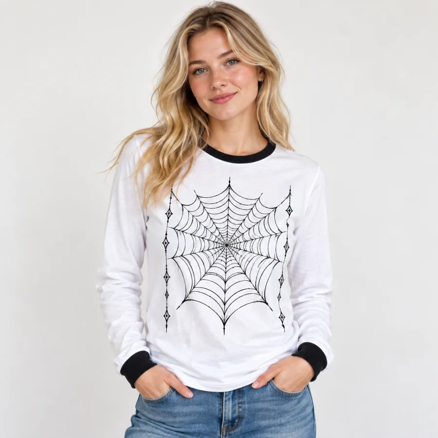 Woman wearing the Webline Ringer spider web ringer shirt with chest web and sleeve spiders