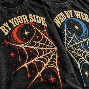 Close-up of distressed BY YOUR SIDE lettering and half-web graphic