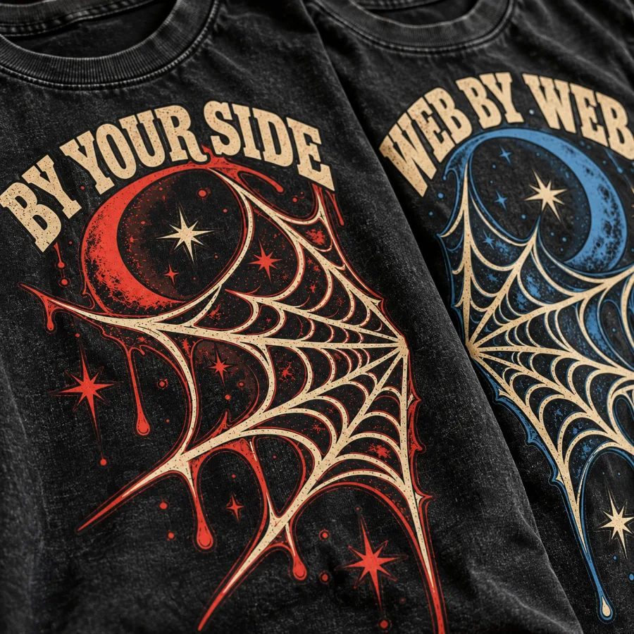 Close-up of distressed BY YOUR SIDE lettering and half-web graphic