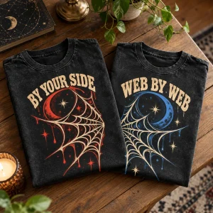 Two folded matching spider best friend shirts side by side