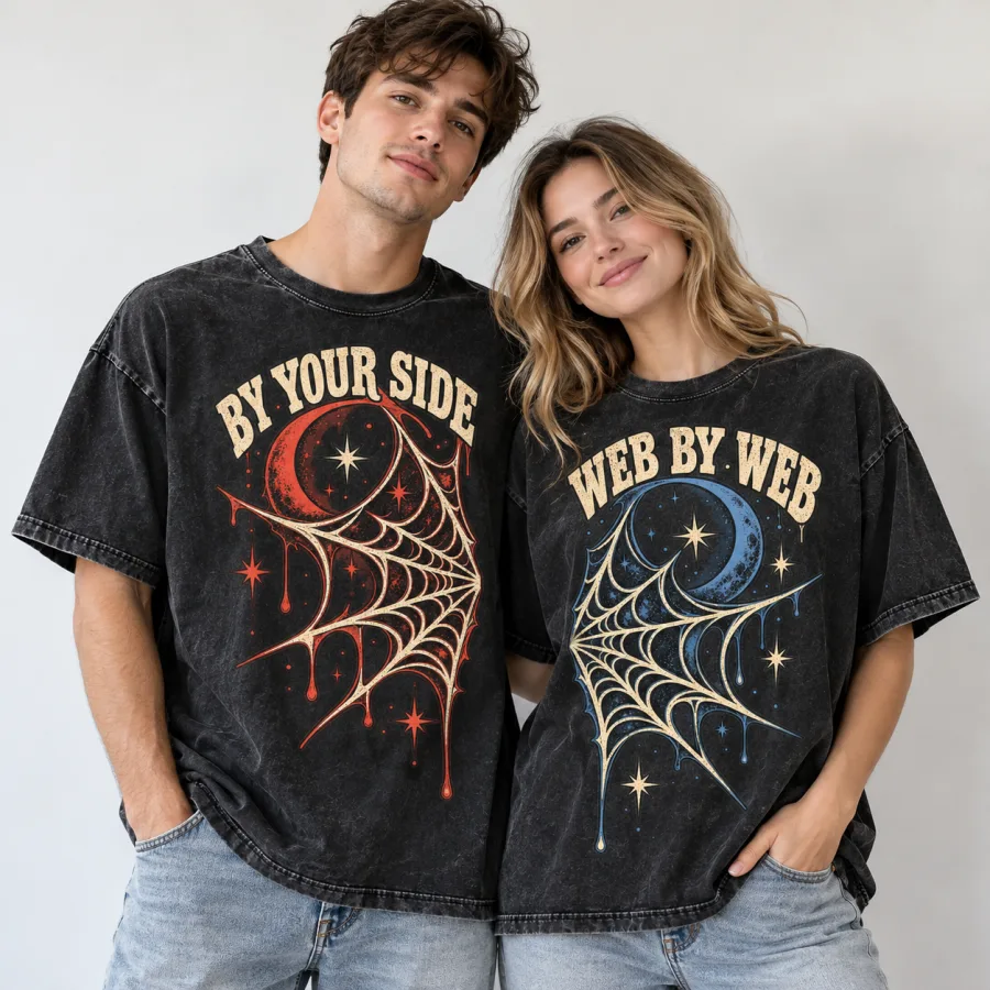 Two friends wearing Webside Best Friends shirts standing together to complete the web