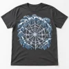 Front flat lay of Charcoal Winter Orb Web winter spider web shirt with frozen web and snowy pine artwork