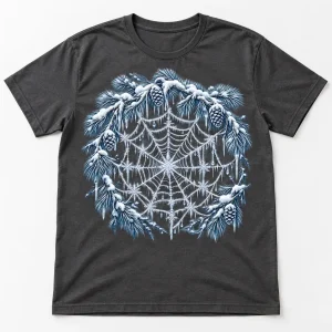 Front flat lay of Charcoal Winter Orb Web winter spider web shirt with frozen web and snowy pine artwork