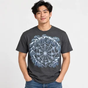 Model wearing Charcoal Winter Orb Web winter spider web shirt with white and pale blue frozen web print