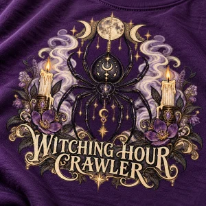 Close-up of Witching Hour Crawler spider print showing cream lettering, moon phases, candles and cotton fabric texture