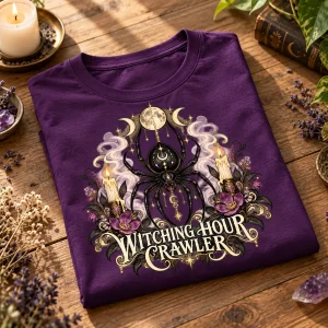 Folded deep purple Witching Hour Crawler gothic witch spider shirt on a wooden table with witchy botanical props