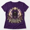 Front flat lay of deep purple women's Witching Hour Crawler gothic witch spider shirt with spider, moons and candles