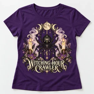 Front flat lay of deep purple women's Witching Hour Crawler gothic witch spider shirt with spider, moons and candles