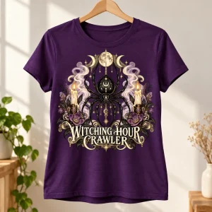 Deep purple women's Witching Hour Crawler gothic witch spider shirt displayed on a natural wooden hanger
