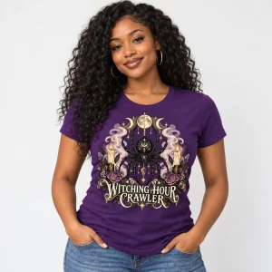 Woman wearing deep purple Witching Hour Crawler gothic witch spider shirt with large centered botanical spider artwork