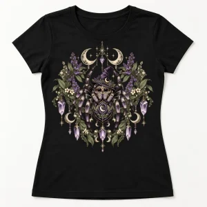 Front flat lay of black women's fitted Witchy Garden Spider witch spider shirt with lavender cream and green botanical artwork