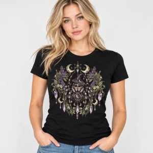 Woman wearing black Witchy Garden Spider witch spider shirt with detailed spider moon crystal and botanical print