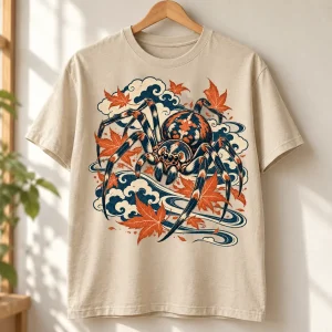Folded Sand Woodblock Spider Japanese spider shirt on wooden table with autumn-inspired props