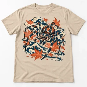 Front flat lay of Sand Woodblock Spider Japanese spider shirt with indigo rust and cream artwork