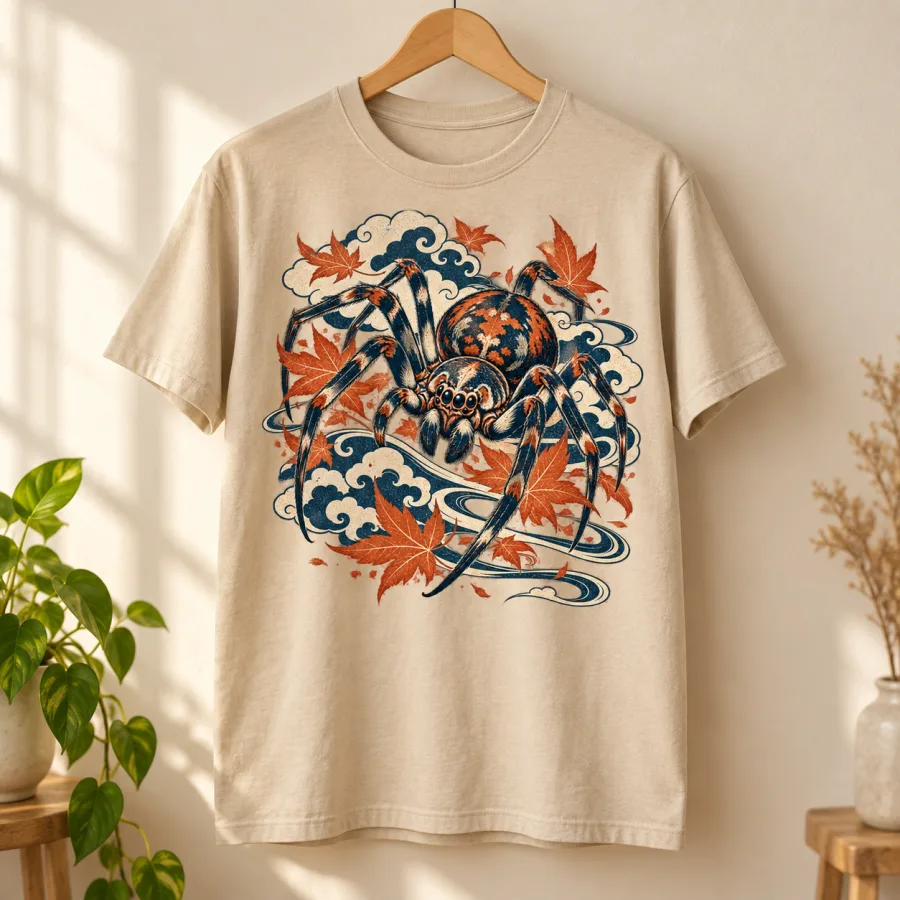Sand Woodblock Spider Japanese spider shirt displayed on a natural wooden hanger