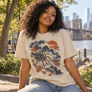 Black American woman wearing Sand Woodblock Spider Japanese spider shirt in a Brooklyn park