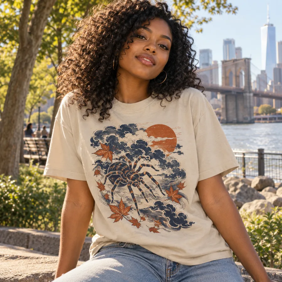 Black American woman wearing Sand Woodblock Spider Japanese spider shirt in a Brooklyn park
