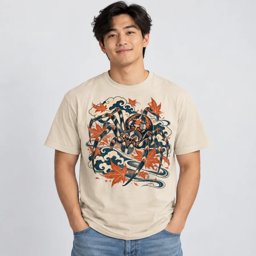 Asian American man wearing Sand Woodblock Spider Japanese spider shirt in studio