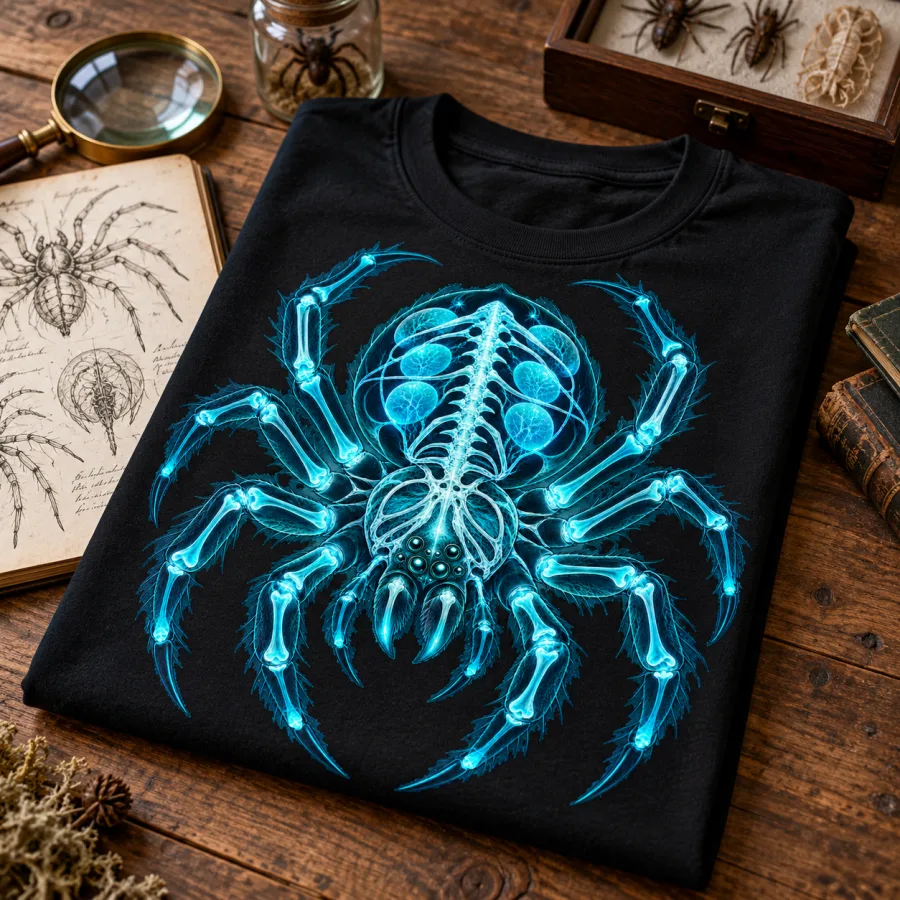 Folded black heavyweight X-Ray Spider shirt on a wooden table with luminous cyan technical spider print visible