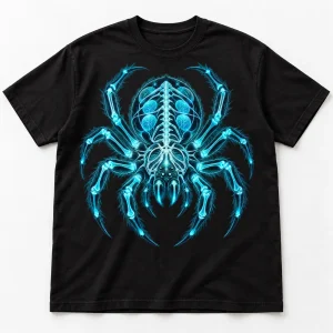 Front flat lay of black heavyweight X-Ray Spider x ray spider shirt with luminous cyan fictional anatomy print