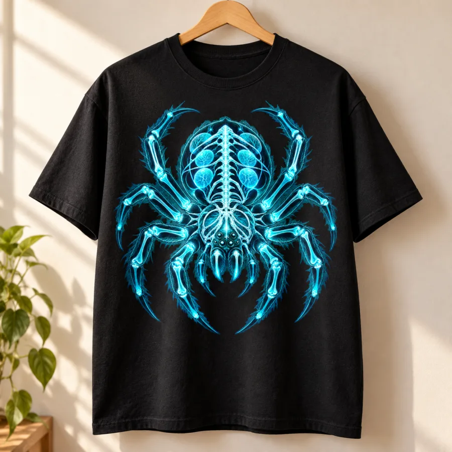 Black heavyweight X-Ray Spider tee on a wooden hanger showing the centered cyan anatomy-inspired spider graphic