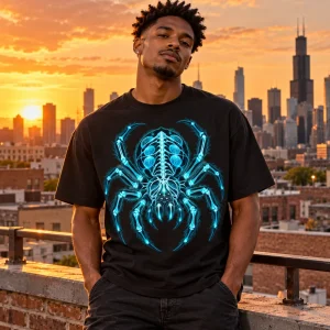 Black American man wearing the X-Ray Spider x ray spider shirt on a Chicago rooftop at sunset